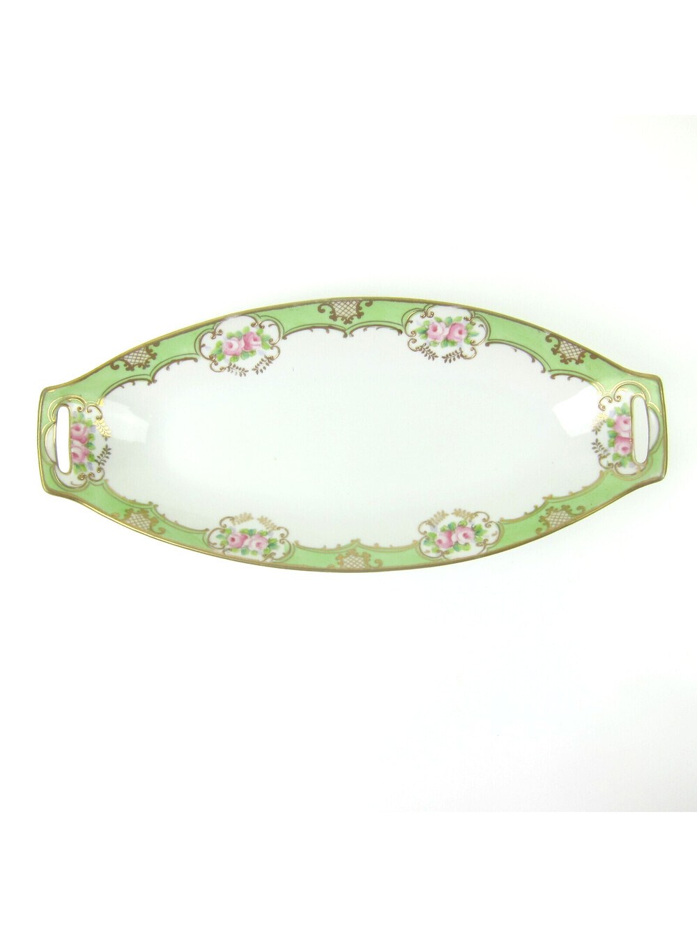 Antique Japanese Nippon Celery Dish Green Pink Roses & Gold Trim Handled 1911-21